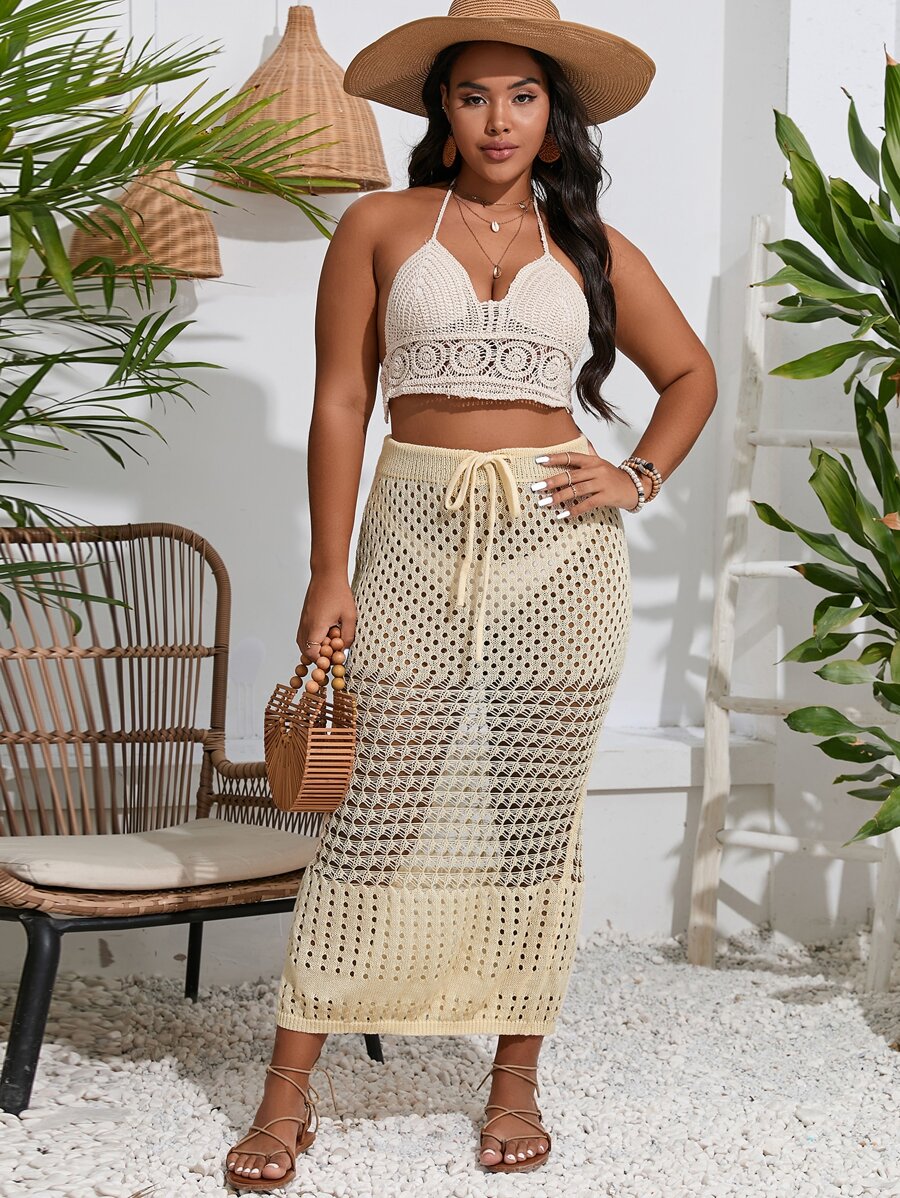 SHEIN Swim Curve Plus Drawstring Waist Hollow Out Knit Skirt Without Bikini Bottom For Summer Beach Vacation - Apricot - View 1