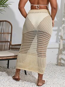 SHEIN Swim Curve Plus Drawstring Waist Hollow Out Knit Skirt Without Bikini Bottom For Summer Beach Vacation - Apricot - View 2