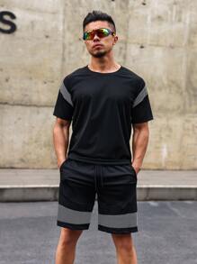 Manfinity Fitness 男士短褲套裝男士綠袖口束口束腰運動套裝，運動衣，運動服 - 黑色 - 查看 1