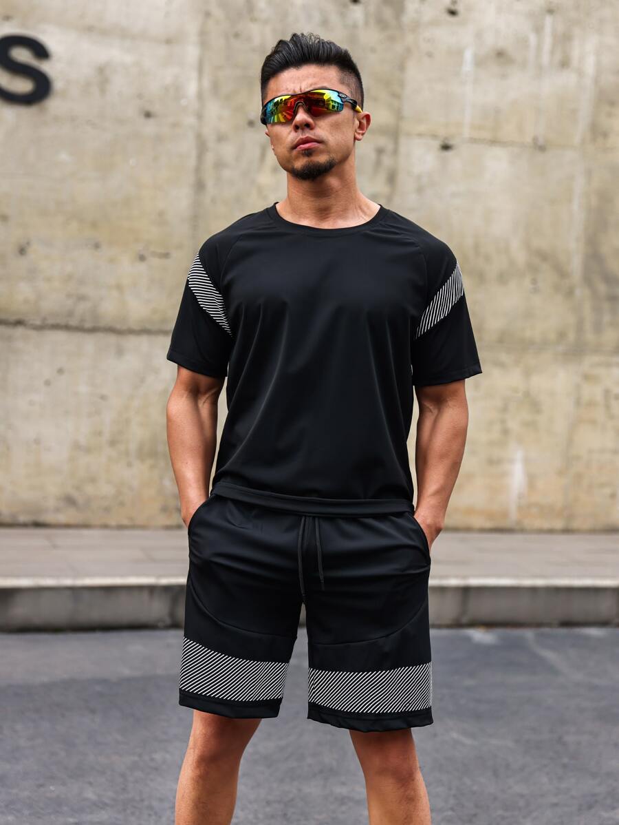 Manfinity Fitness 男士短褲套裝男士綠袖口束口束腰運動套裝，運動衣，運動服 - 黑色 - 查看 1