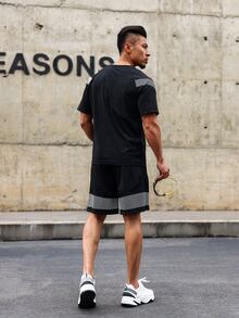 Manfinity Fitness 男士短褲套裝男士綠袖口束口束腰運動套裝，運動衣，運動服 - 黑色 - 查看 2