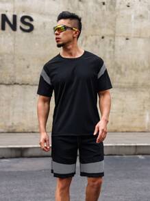 Manfinity Fitness 男士短褲套裝男士綠袖口束口束腰運動套裝，運動衣，運動服 - 黑色 - 查看 3