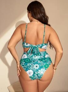 SHEIN Swim Curve Plus Size Floral Print Bikini Set Wrap Front Tie Back Wireless Bra Top & High Waist Bikini Bottom 2 Pieces Bikini Summer Beach - Green - View 2