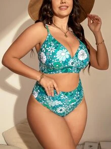 SHEIN Swim Curve Plus Size Floral Print Bikini Set Wrap Front Tie Back Wireless Bra Top & High Waist Bikini Bottom 2 Pieces Bikini Summer Beach - Green - View 3