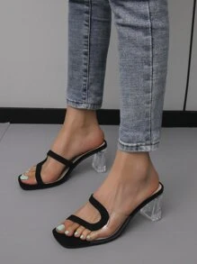 Fashion Mule Sandals For Women, Two Tone Chunky Heeled PVC Sandals