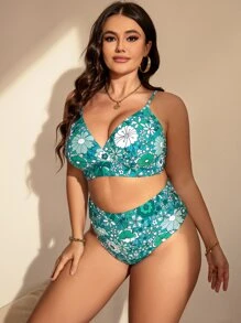 SHEIN Swim Curve Plus Size Floral Print Bikini Set Wrap Front Tie Back Wireless Bra Top & High Waist Bikini Bottom 2 Pieces Bikini Summer Beach - Green - View 4