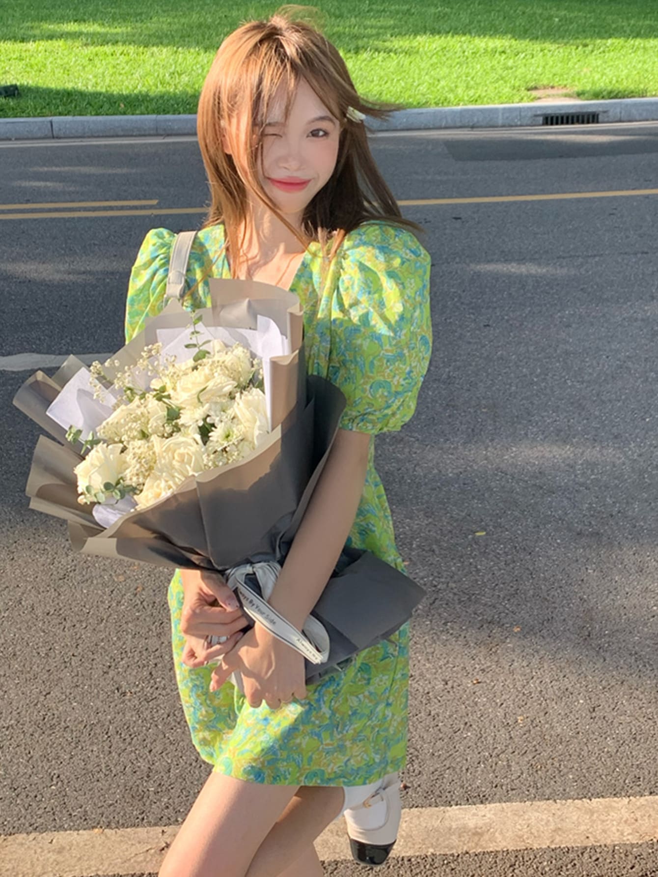 Allover Floral Puff Sleeve Dress - Lime Green - View 1