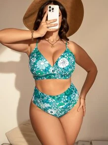 SHEIN Swim Curve Plus Size Floral Print Bikini Set Wrap Front Tie Back Wireless Bra Top & High Waist Bikini Bottom 2 Pieces Bikini Summer Beach - Green - View 5