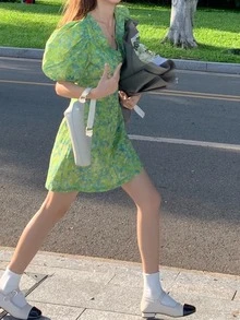 Allover Floral Puff Sleeve Dress - Lime Green - View 3