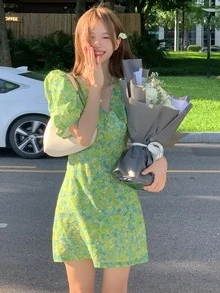 Allover Floral Puff Sleeve Dress - Lime Green - View 4