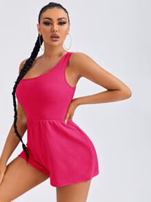 SHEIN SXY 單肩素色連身短褲 - 玫紅色 - 查看 5