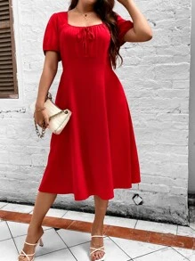 SHEIN Clasi Vestido con cordón delantero de manga farol - Rojo - Ver 1