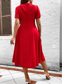 SHEIN Clasi Vestido con cordón delantero de manga farol - Rojo - Ver 2