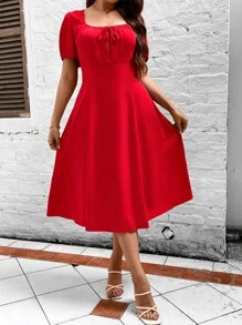 SHEIN Clasi Vestido con cordón delantero de manga farol - Rojo - Ver 3