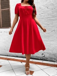 SHEIN Clasi Vestido con cordón delantero de manga farol - Rojo - Ver 4