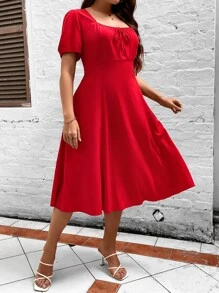 SHEIN Clasi Vestido con cordón delantero de manga farol - Rojo - Ver 6