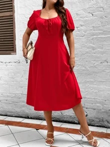 SHEIN Clasi Vestido con cordón delantero de manga farol - Rojo - Ver 7