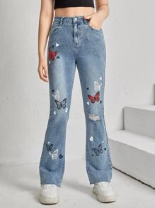 SHEIN Teen Girls Butterfly Print Ripped Flare Leg Jeans - Medium Wash - View 1