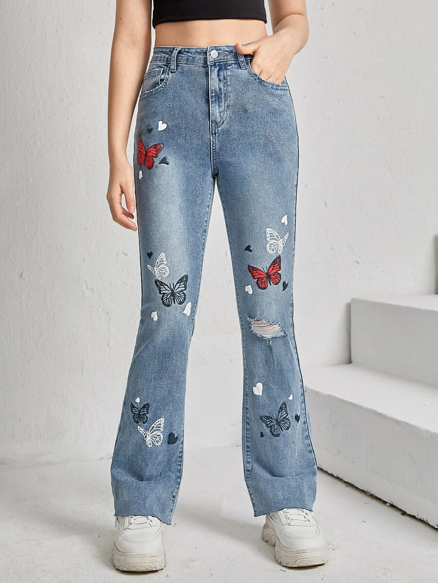 SHEIN Teen Girls Butterfly Print Ripped Flare Leg Jeans - Medium Wash - View 1