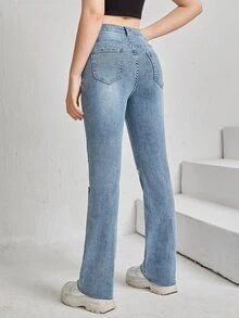 SHEIN Teen Girls Butterfly Print Ripped Flare Leg Jeans - Medium Wash - View 2