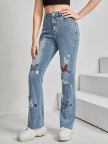 SHEIN Teen Girls Butterfly Print Ripped Flare Leg Jeans - Medium Wash - View 3