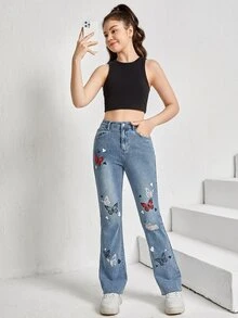 SHEIN Teen Girls Butterfly Print Ripped Flare Leg Jeans - Medium Wash - View 4