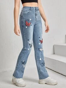 SHEIN Teen Girls Butterfly Print Ripped Flare Leg Jeans - Medium Wash - View 5