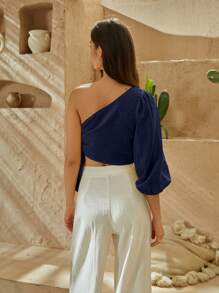 SHEIN VCAY One Shoulder Lantern Sleeve Knot Side Crop Top - Navy Blue - View 2