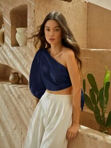 SHEIN VCAY One Shoulder Lantern Sleeve Knot Side Crop Top - Navy Blue - View 4