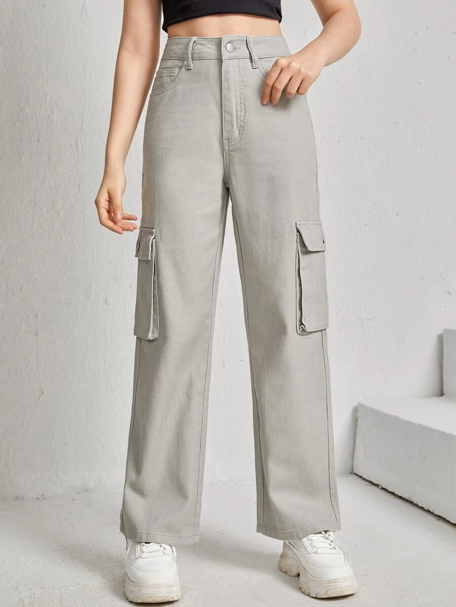 SHEIN 青少年女孩翻蓋口袋工裝牛仔褲