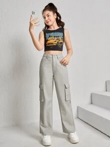 SHEIN 青少年女孩翻蓋口袋工裝牛仔褲