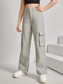 SHEIN 青少年女孩翻蓋口袋工裝牛仔褲