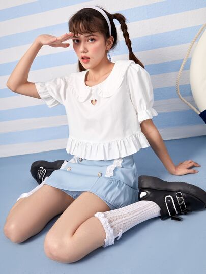 Solid Ruffle Hem Puff Sleeve Blouse