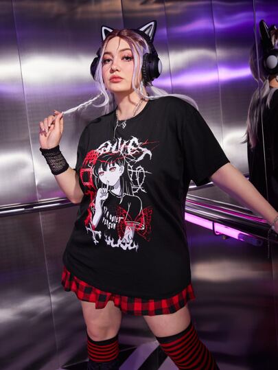 Anime تي شيرت حجم كبير الشكل رسالة كاجوال