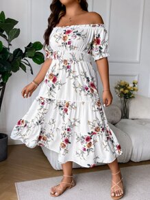 Breezaya Vestido con estampado floral de hombros descubiertos bajo con fruncido - Blanco - Ver 2