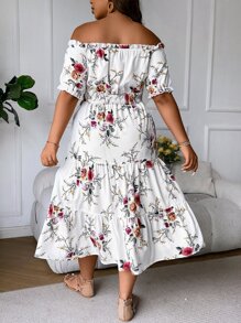 Breezaya Vestido con estampado floral de hombros descubiertos bajo con fruncido - Blanco - Ver 3