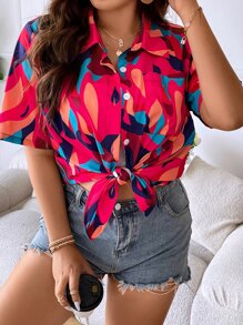 SHEIN Holidaya Áo sơ mi Plus Size Túi Nút phía trước Tất cả trên in Giải trí - Nhiều màu - Xem 2