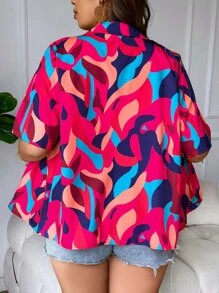 SHEIN Holidaya Áo sơ mi Plus Size Túi Nút phía trước Tất cả trên in Giải trí - Nhiều màu - Xem 3