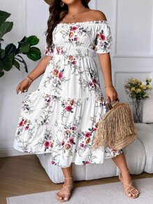 Breezaya Vestido con estampado floral de hombros descubiertos bajo con fruncido - Blanco - Ver 1