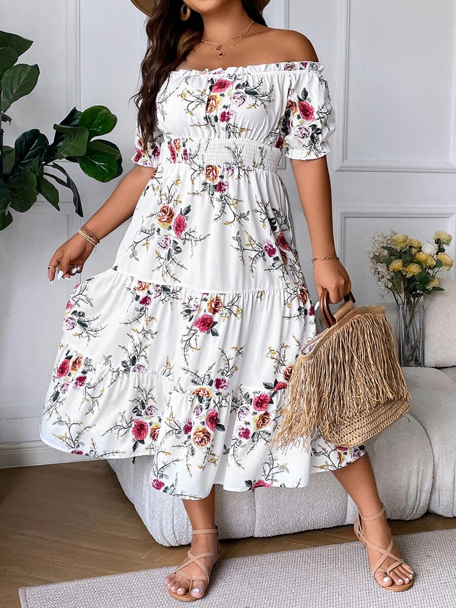 Breezaya Vestido con estampado floral de hombros descubiertos bajo con fruncido - Blanco - Ver 1