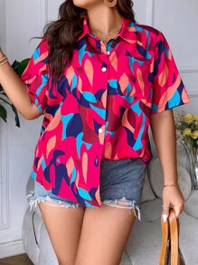 SHEIN Holidaya Áo sơ mi Plus Size Túi Nút phía trước Tất cả trên in Giải trí - Nhiều màu - Xem 4