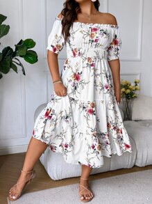 Breezaya Vestido con estampado floral de hombros descubiertos bajo con fruncido - Blanco - Ver 4