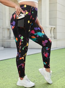 Easithlete Plus Size Splash Ink Print Sports Leggings With Phone Pocket Yoga Women Pants - Multicolor - View 1