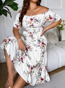 Breezaya Vestido con estampado floral de hombros descubiertos bajo con fruncido - Blanco - Ver 5
