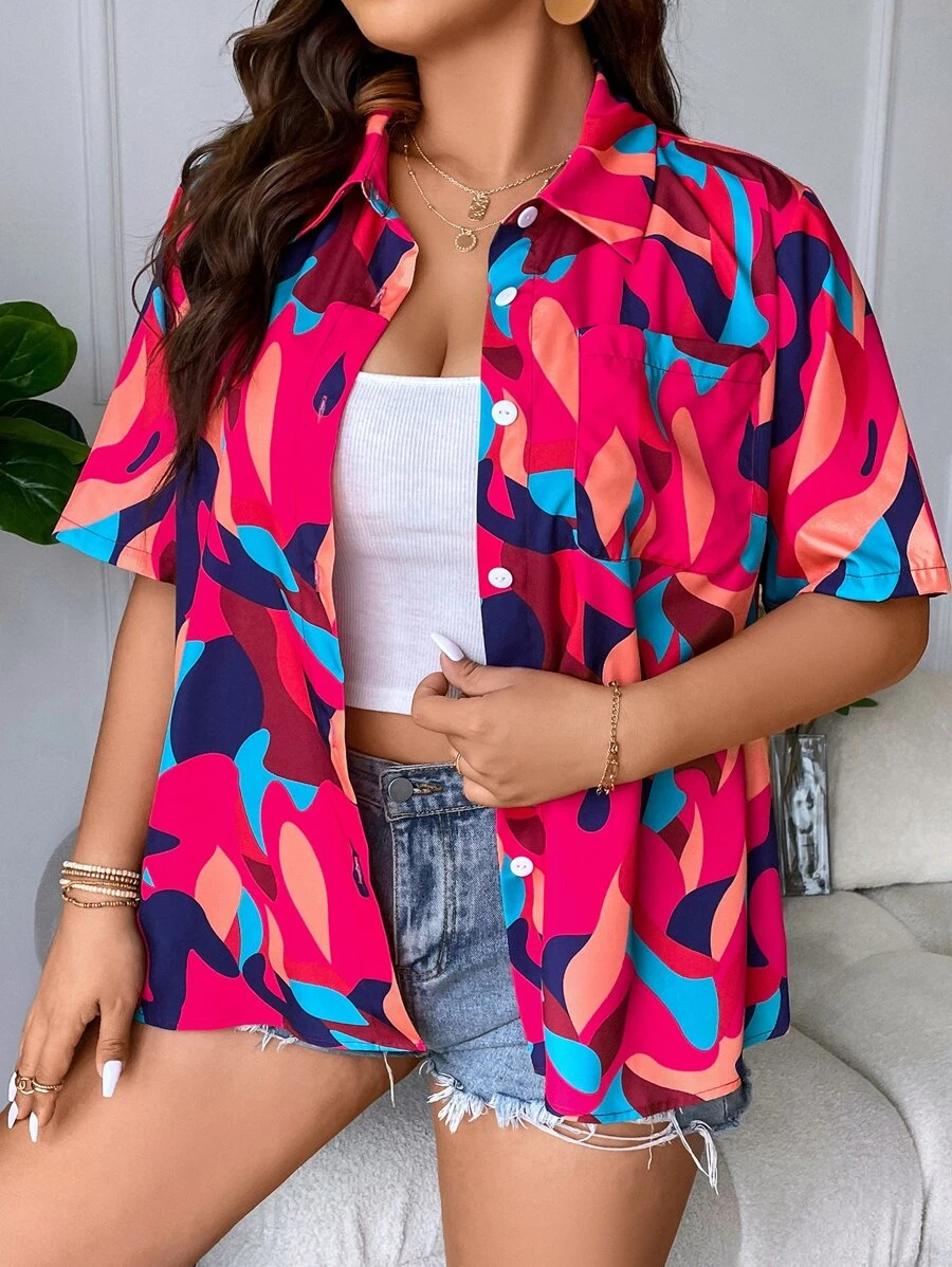 SHEIN Holidaya Áo sơ mi Plus Size Túi Nút phía trước Tất cả trên in Giải trí - Nhiều màu - Xem 1
