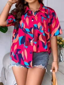 SHEIN Holidaya Áo sơ mi Plus Size Túi Nút phía trước Tất cả trên in Giải trí - Nhiều màu - Xem 5