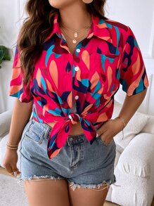 SHEIN Holidaya Áo sơ mi Plus Size Túi Nút phía trước Tất cả trên in Giải trí - Nhiều màu - Xem 6