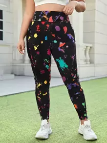 Easithlete Plus Size Splash Ink Print Sports Leggings With Phone Pocket Yoga Women Pants - Multicolor - View 3