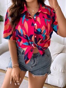 SHEIN Holidaya Áo sơ mi Plus Size Túi Nút phía trước Tất cả trên in Giải trí - Nhiều màu - Xem 7