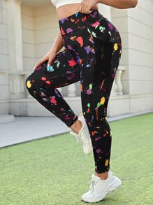 Easithlete Plus Size Splash Ink Print Sports Leggings With Phone Pocket Yoga Women Pants - Multicolor - View 4